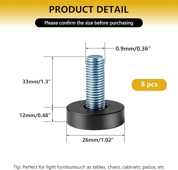 8 Pack Adjustable Rubber Furniture Levelers, 3/8"-20 UNC Threaded Screw-in Rubber Legs for Tables, Chairs, Cabinets, Wire Rack, Sofa - Heavy Duty Floor Protectors