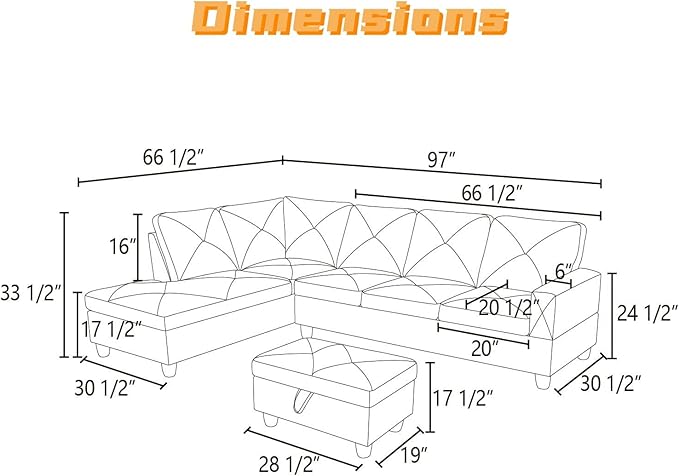 FONTOI L Shaped Sectional Couch with Otttoman, 97" Leather Sectional Sofa for Living Room Modular Couches with Cup Holders for Bedroom, Apartments, Black