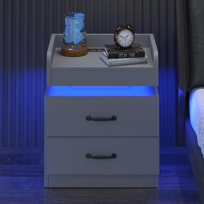 4ever2buy Grey Nightstand Set of 2 with Charging Station and LED Lights Modern Bedside Tables with 2 Drawers for Bedroom - Image 7