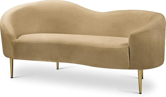 Meridian Furniture 659Camel-L Ritz Collection Modern | Contemporary Upholstered Loveseat with Rich Camel Velvet, Gold Metal Legs, Curved Contemporary Design, 67" W x 31.75" D x 30.5" H, Camel