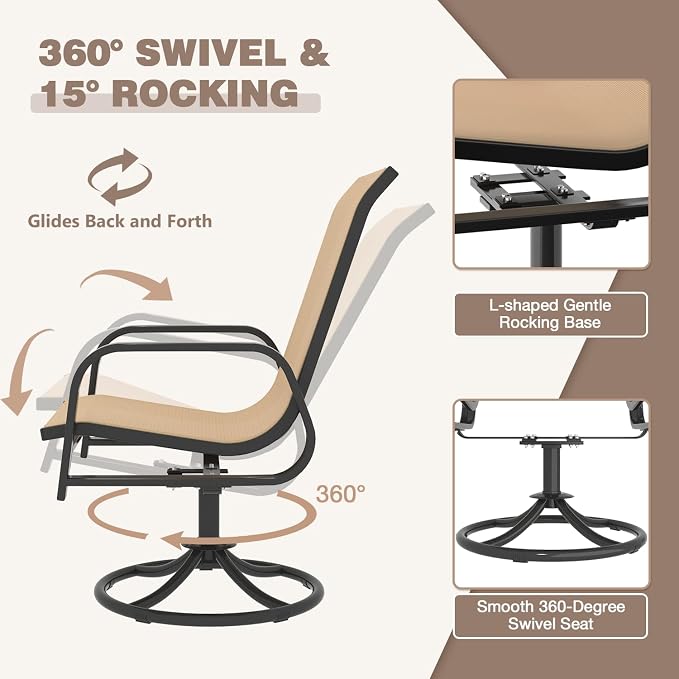 MELLCOM Patio Swivel Chair Set of 6, High Back Textilene Outdoor Dining Chairs with E-Coating Metal Frame, All-Weather Outdoor Furniture Rocker for Backyard, Porch, Garden, Lawn, Beige - Image 5
