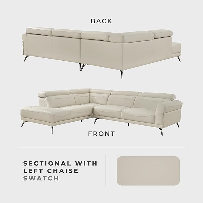 Lexicon L-Shaped Sectional Couch with Left Chaise, Top Grain Leather Match Sectional Sofa, Adjustable Headrests, Black Chrome Metal Legs, High-Density Cushions, Stitching, for Living Room, Beige