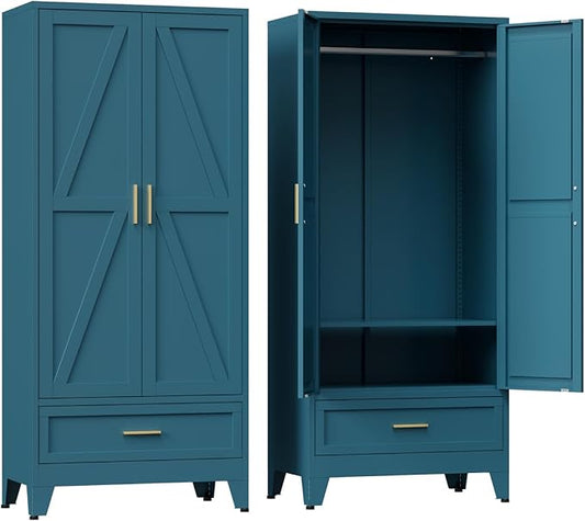 COFaR Metal Wardrobe Closet with Doors, 71'' Tall Farmhouse Bedroom Armoires with Drawer and Hanging Rod, Freestanding Steel Wardrobe Cabinet Coat Closet for Bedroom, Peacock Blue