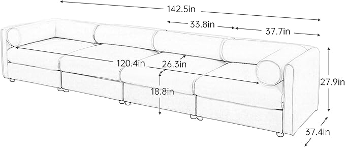 KEIKI 143" Oversized Modular Chenille Sectional Sofa with Storage Seat, Modern Style 4-Seater Couch with Cylindrical Backrest and Armrests, Easy Assembly, for Apartment, Living Room, White