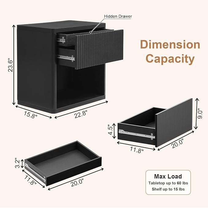 XIAO WEI 22.8" Wide Black Fluted Nightstands with Hidden Drawer, Mid Century Modern Bedside Table with Open Shelf, Large Accent End Table, Curved Profile Design - Image 2