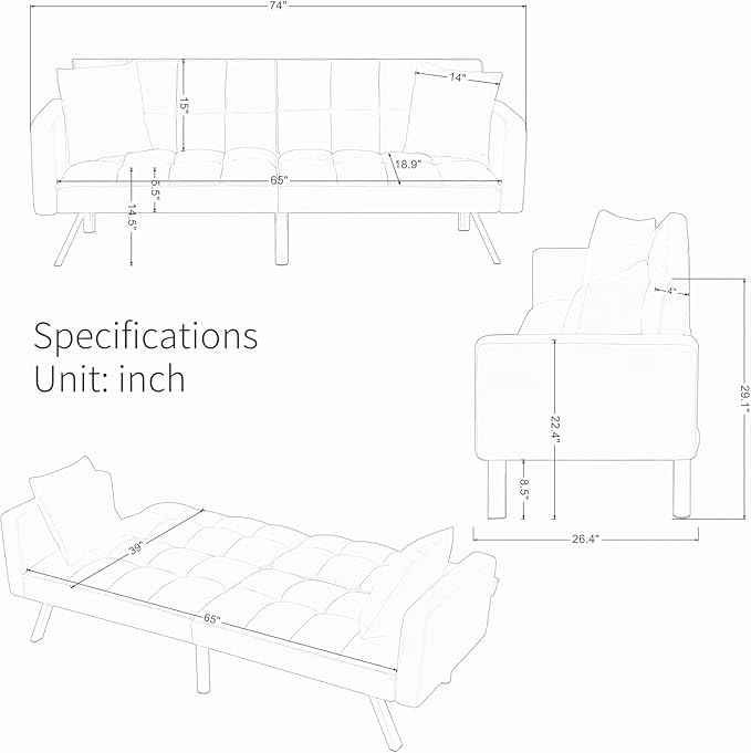 Convertible Futon Sofa Bed, 74 Inch Sleeper Couch Bed with Velvet Upholstery, Sofa Couch with Adjustable Backrest Pillows, Square Tufted Design for Living Room Home Office, Black