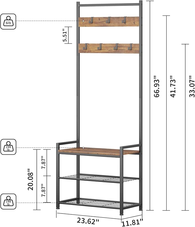Coat Rack Hall Tree with Shoe Storage, Entryway Hall Tree Storage Bench, Wood Look Accent Furniture with Metal Frame, 3-in-1 Design, Rustic Brown - Image 3