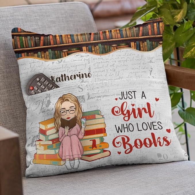 Custom Pocket Pillow, Personalized Bookish Gifts for Book Lovers, Bookworms, Readers, Booknerd, Just A Girl Who Loves Books, Book Club Gifts for Women Readers, Cushion Home Decor Pillow
