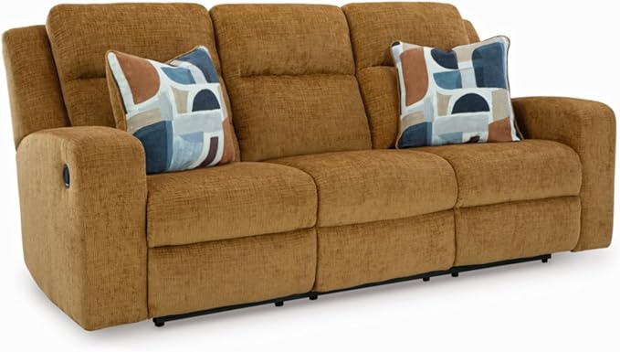 Signature Design by Ashley Kanlow Contemporary Manual Reclining Sofa with 2 Accent Pillows, Light Brown