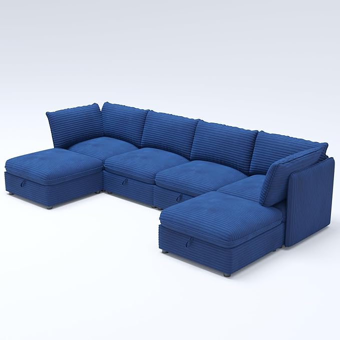 ERYE Modern Modular Storage Sectional Sofa, U/L Shaped Corduroy Modular Sofa Couch W/Movable Ottoman & Seat, 6 Seater Corduroy Upholstered Sofa Couch for Living Room