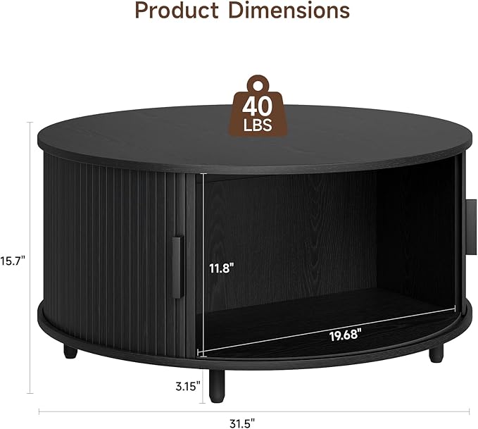 31.5 Inch Round Coffee Table, Mid-Century Modern Coffee Table wtih Storage, Fluted Coffee Table with Adjustable Footpads, 360° Rotating Sliding Door, Center Table for Living Room (Black)