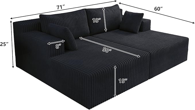 71-Inch Fluffy Corduroy Boneless Sleeper Daybed Loveseat Double Recliner Chaise Lounge Sofa Couches, Floor Cloud Sofa Chaise W/4 Pillows for Home Apartment Living Room