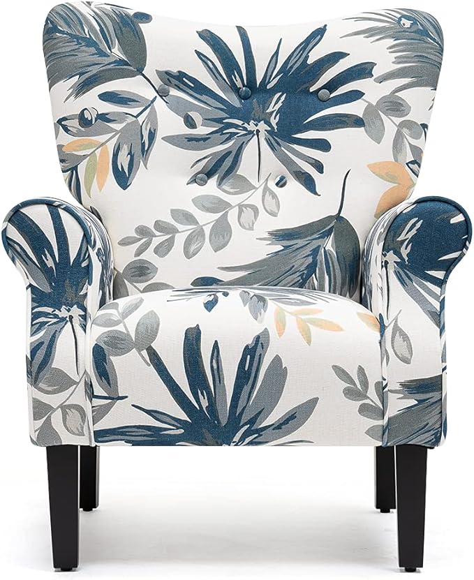 YOLENY Modern Accent Chair,High Back Armchair,Upholstered Fabric Button Single Sofa with Wooden Legs for Living Room,Bedroom,Blue Leaves