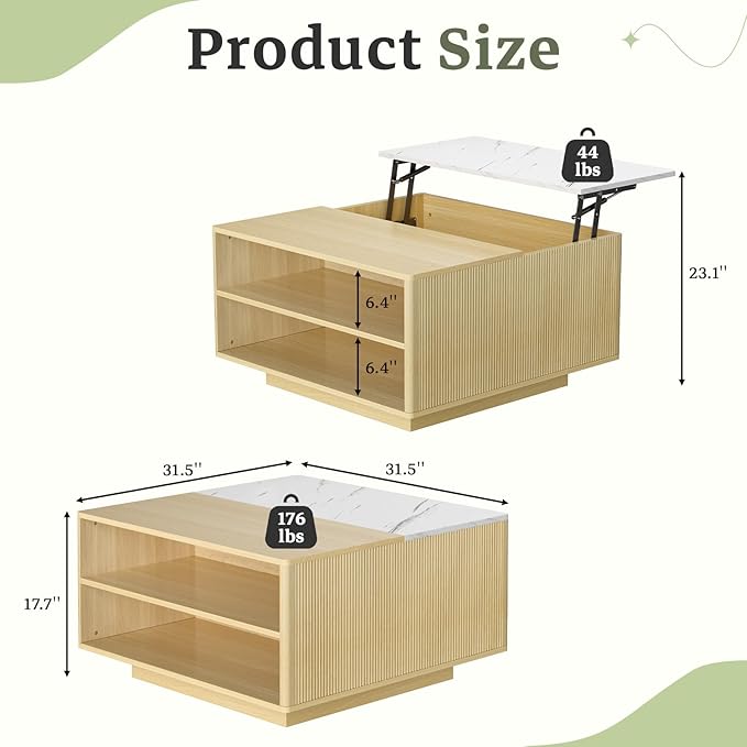 Lift Top Coffee Table with Storage, Fluted Natural Wood Square Center Table with Open Storage, Living Room Central Table w/Large Hidden Space, for Living Room, Bedroom, Home Office