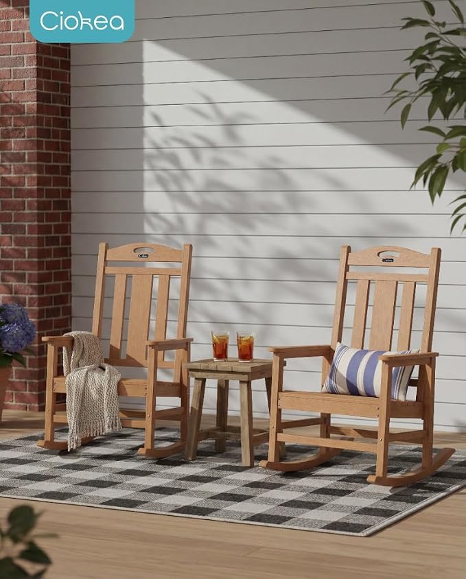 Ciokea Oversized Outdoor Rocking Chairs Set of 6, 380lbs Heavy-Duty Large Patio Rocker, High Back Cozy Porch Chairs, Weather Resistant Patio Rocking Chairs for Outside, Fire Pit, Deck, Teak - Image 2