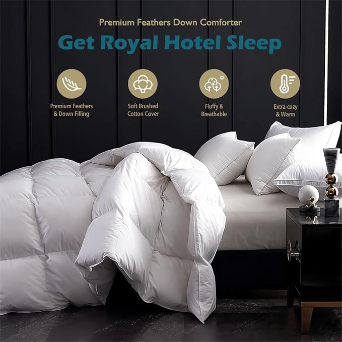 Cobnom® Luxury Organic Down Comforter Oversized Queen, High Fill-Power Down Feather Fibers Duvet Insert with 100% Cotton Cover, Medium Warm for All-Season, Ivory White, 98x98 Inch