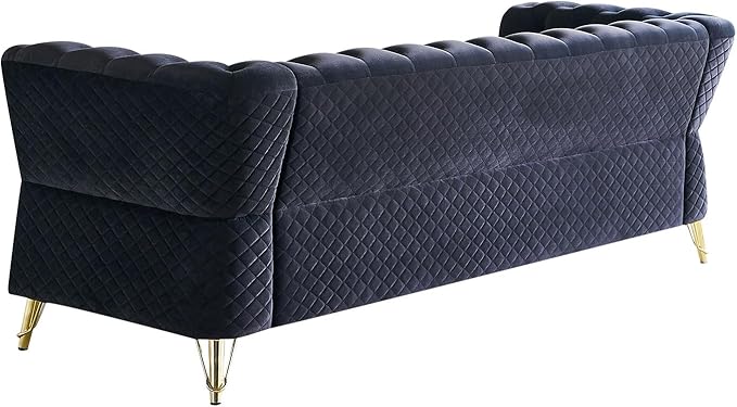 KEIKI 87" Chesterfield Velvet Button Tufted Sofa with High Density Foam Cushions, Modern 3-Seater Couch with Gold Strip Trim Decoration, Easy Assembly, for Apartment, Living Room, Office, Black