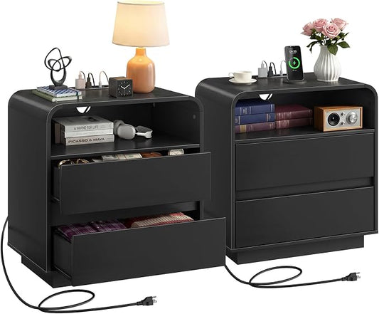 Black Nightstands Set of 2, Wide Round Bedside Table Set 2 with Charging Station, Large End Table with 2 Drawers Curved Design Modern Nightstand for Bedroom Sofa Home Office by miucore