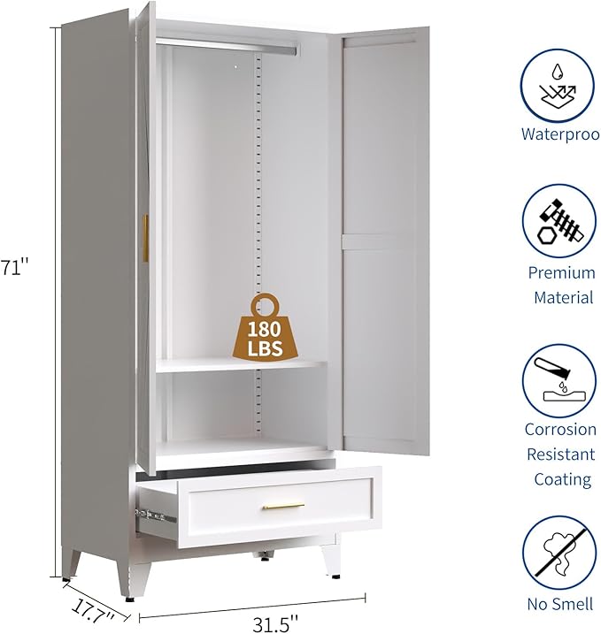 Steel Armoire Wardrobe Closet, 71" Metal Clothing Storage Cabinets with 2 Doors, 1 Drawer and 1 Adjustable Shelf, White Wardrobe Cabinet with Hanging Rod for Bedroom, Gym