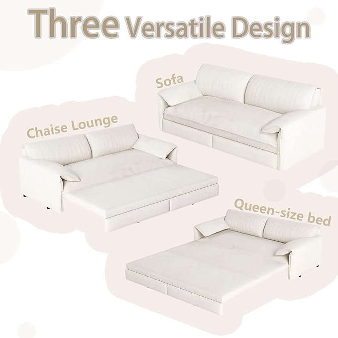 66" Queen Size Pull Out Sofa Bed, 3-in-1 Convertible Sleeper with Side Storage and Wheels, Velvet Loveseat for Living Room, Apartment, Bedroom, Beige (Mattress & Bedding Not Included)