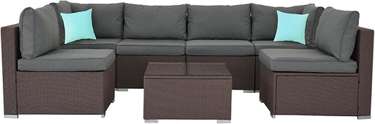 7-Piece Patio Furniture Set - Outdoor Sectional Sofa Set with Cushions and Glass-Top Coffee Table for Gardens, Poolside, Backyards and Porches, Wine/Grey