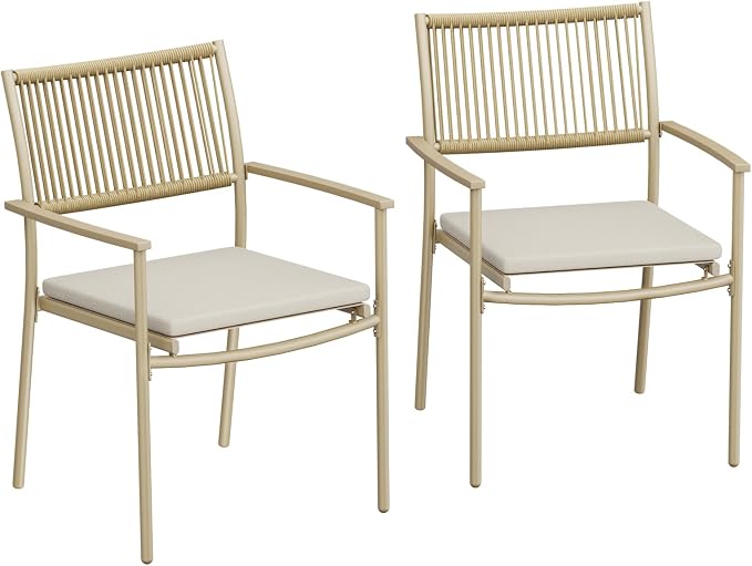 Outdoor Dining Set for 2, Patio Dining Chair with Soft Cushion, Matte Metal Spray Coating Patio Dining Chair, 2 Wicker Rattan Chairs for Backyard, Garden & Poolside,Beige - Image 9