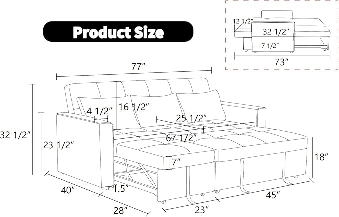 Convertible Sofa Bed Couch, 4 Seat Iron Frame Sectional Couches for Living Room with Storage for Apartment, Sleeper Sofa Couch with Pullout Bed, Light Grey