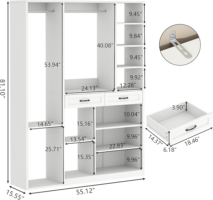 Armoire Wardrobe Closet with 2 Drawers, 81” H Wooden Wardrobe Closet with 10 Storage Shelves and 2 Hanging Rod, White Modern Armoire, Clothing Storage Cabinet Organizer Combination, Bedroom Furniture