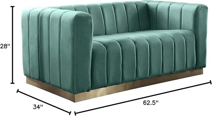 Meridian Furniture 603Mint-L Marlon Collection Modern | Contemporary Velvet Upholstered Loveseat with Deep Channel Tufting, Stainless Steel Base in a Brushed Gold Finish, Mint, 62.5" W x 34" D x 28" H