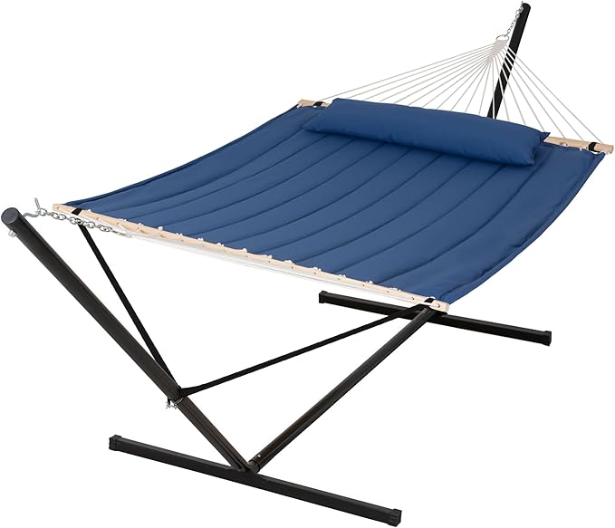 SUNCREAT 2 Person Free Standing Hammock with 15 ft Stand, 475 lbs Capacity, Backyard Hammock with Stand, Navy by SUNCREAT