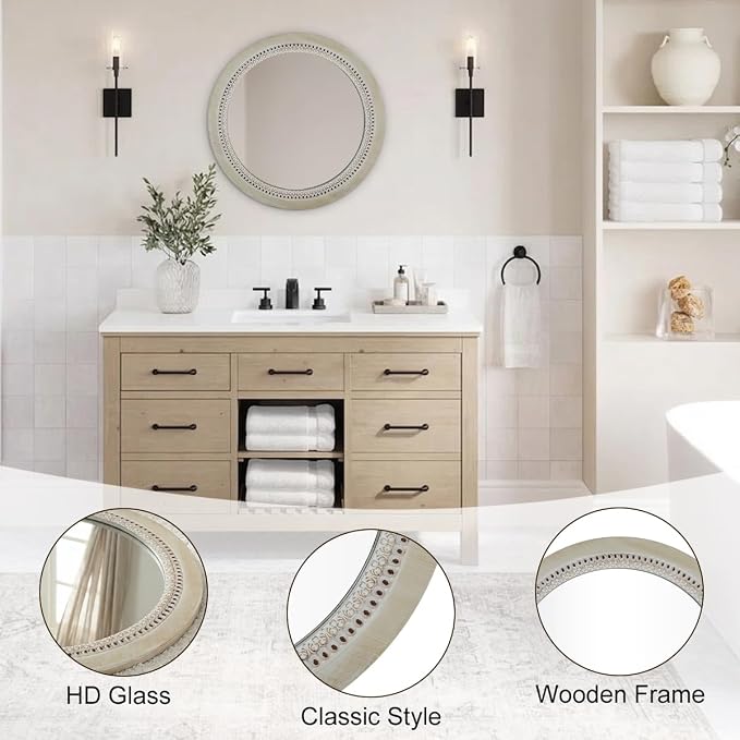 Round Decorative Mirrors for Farmhouse Wall Decor Round Wooden Frame Mirror With Beads, Rustic Large Bathroom Vanity Mirrors for Bathroom, Over Sink, Bedroom, Living Room, Entryway,Foyer (24''Lx24''W) - Image 3