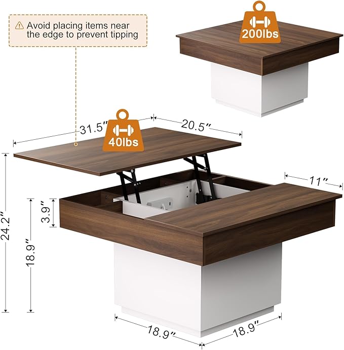 FABATO Lift Top Coffee Table with Charging Station, Led Coffee Table for Living Room, Farmhouse Center Table with Hidden Storage, Square Lift-Up Center Table for Home Office, Reception Room, White