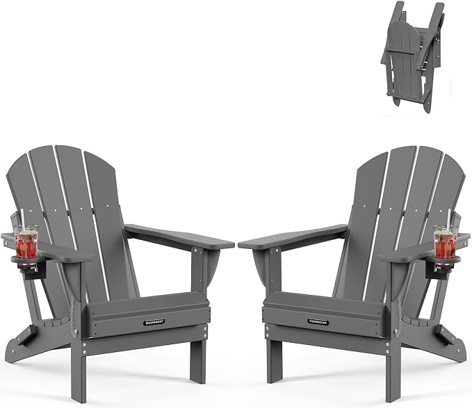MUCHENGHY Folding Adirondack Chairs Set of 2 HDPE Weather Resistant, Patio Firepit Chairs, Sturdy Outside Chairs, Lawn Chairs, 15min Assembly 380lb Grey by MUCHENGHY