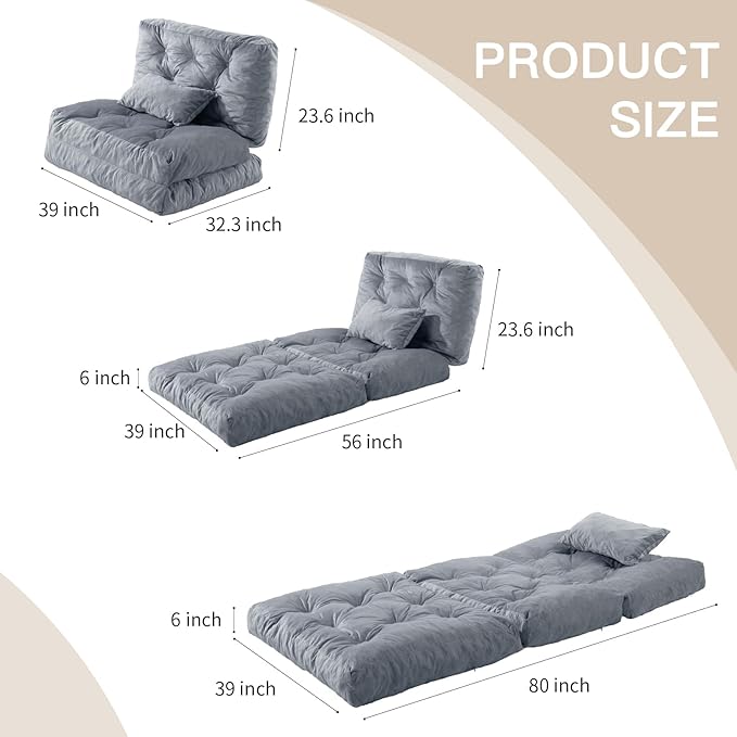 Folding Sofa Bed, Convertible Sleeper Chair with Pillow Foldable Mattress with Back Support, Portable Fold Out Chair Bed Comfy Floor Sofa Lounge for Living Room Bedroom, Dark Gray Twin 80x39 Inch