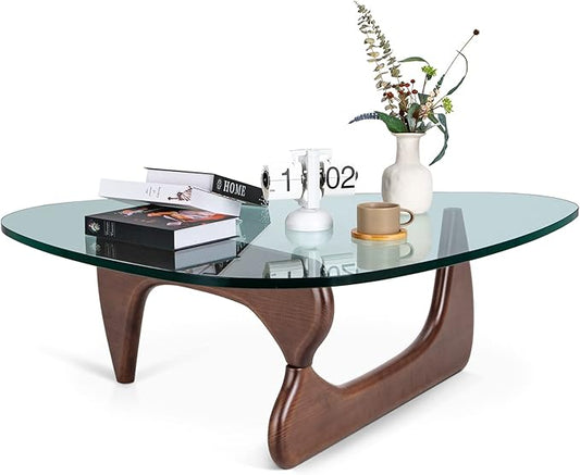 Triangle Glass Coffee Table Modern Coffee Table, with Vintage Clear Glass, and Solid Wood Base, End Table for Living Room, Office, Balcony, Patio (Dark Walnut)