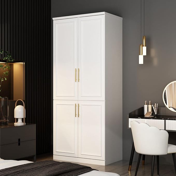 FAMAPY 4 Door Wardrobe with Shelves, Armoire Wardrobe with Hanging Rod, Gold Metal Handles, Closet for Bedroom White (31.7”W x 19.3”D x 74.9”H)