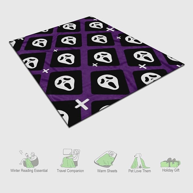 Halloween Spooky Face Blanket, Purple and Black, Soft Ghost Throw for Travel, Office, Home (40" x 30")