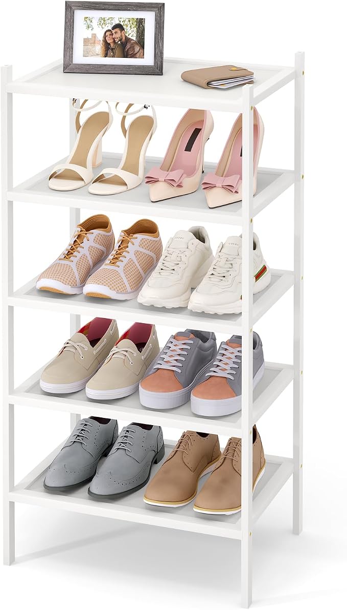 Smiry Bamboo Small Shoe Rack, 5 Tier Shoe Organizer for Entryway & Closet, Stackable Free Standing Storage Shelf for Shoes, Bags & Plants, White by Smiry