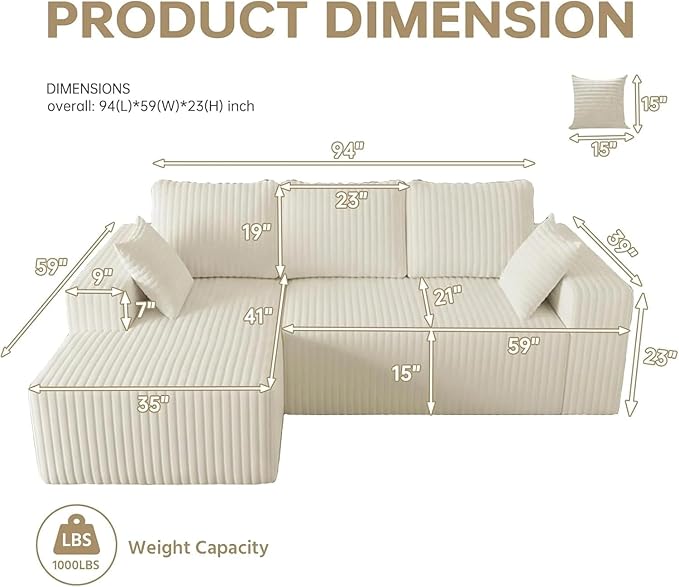 Boneless Couches for Living Room, Modular Sectional Sofa, L-Shape Sofa Couches,Cloud Couch Sectional, Comfy Corduroy Sofa, with Deep Seat, No Assembly Required (White, 94"+Left Facing Chaise)