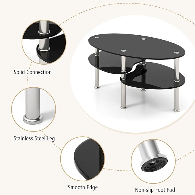 Giantex Oval Glass Coffee Table - 3-Tier Transparent Tempered Glass Table W/Sturdy Chrome Plated Legs, Small Sofa Side Table, End Table for Living Room, Bedroom, Office, 35"× 20" ×18" (Black)