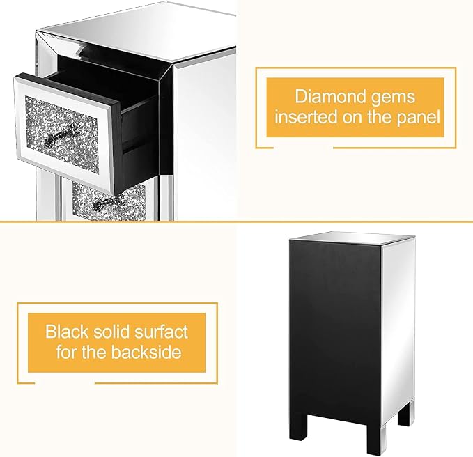 VINGLI 3-Drawer Mirrored Nightstand Bedside Table Modern Night Stands Set of 2 Glass Accent End Table, Fully Assembled, Silver - Image 7