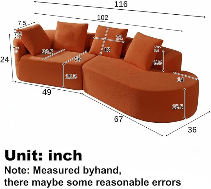 Merax 2-Piece 116" L-Shaped Modular Sectional Sofa Set, 4 Seat Fully Assembled Curved Upholstery Couch with High-Density Compressed Sponge, Chaise Lounge & 4 Pillows for Living Room, Orange