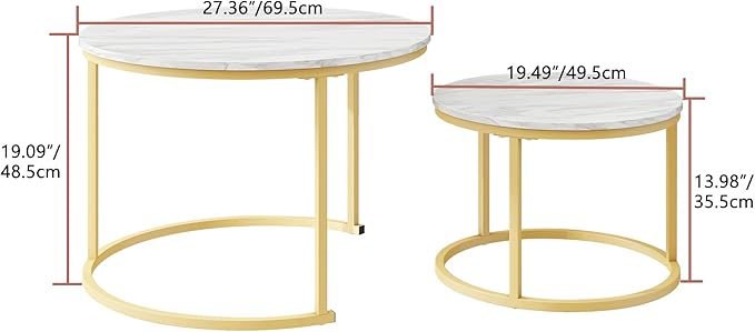 HOJINLINERO Round Coffee Table,Nesting Coffee Table Set of 2,Center Tables for Living Room,Office, Home Small Space,Stacking Side Tables,Sturdy and Easy Assembly,Wood Desktop,Golden+White,Large