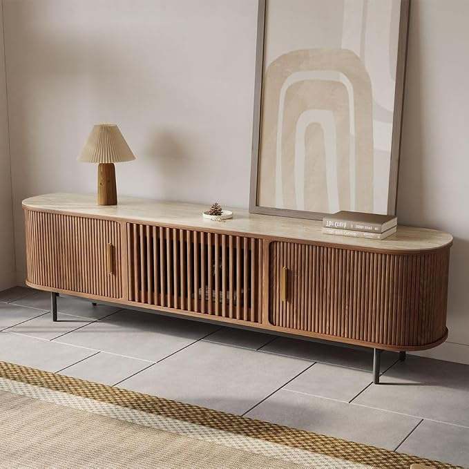 POVISON Fully-Assembled Sliding Tambour Door TV Stand, Mid Century Modern Sintered Stone TV Console, Wood Media Console for 75 Inch TV, Entertainment Center with Storage Cabinet (Walnut, 78.74") by POVISON