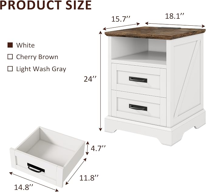 Whalefall Farmhouse Night Stand Set of 2, Large 2 Drawers Bed Side Table with Charging Station, 18 inch Wide End Table for Bedroom, Living Room, 2pcs, White - Image 2