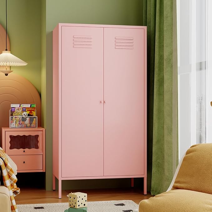 2 Door Metal Cabinet,Classified Storage Tall Storage Cabinet with Hanging Rod&2 Freely Adjustable Shelves, Metal Tall Storage Cabinet for Garage, Storage Room,Home (Steel Cabinet,Pink)