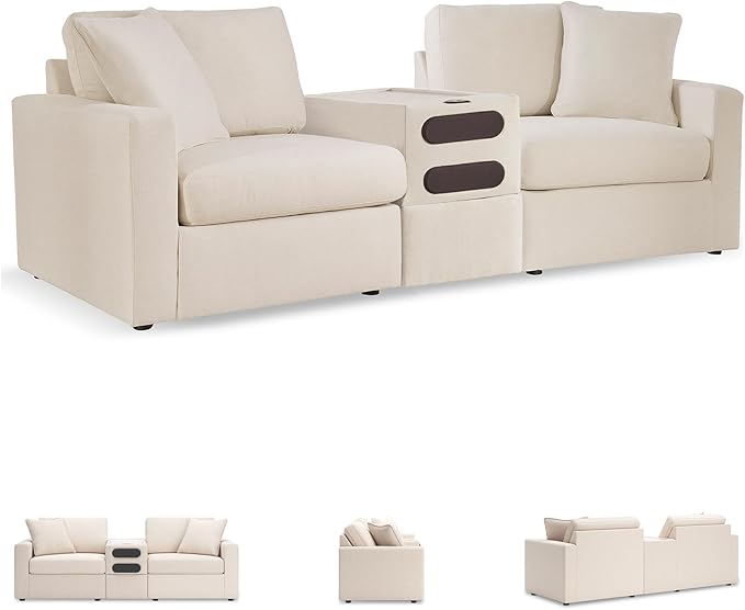 Signature Design by Ashley Modmax Coastal Modular Stain Resistant 3-Piece Sectional with Audio Console, Drawer, USB Ports and 2 Accent Pillows, Beige