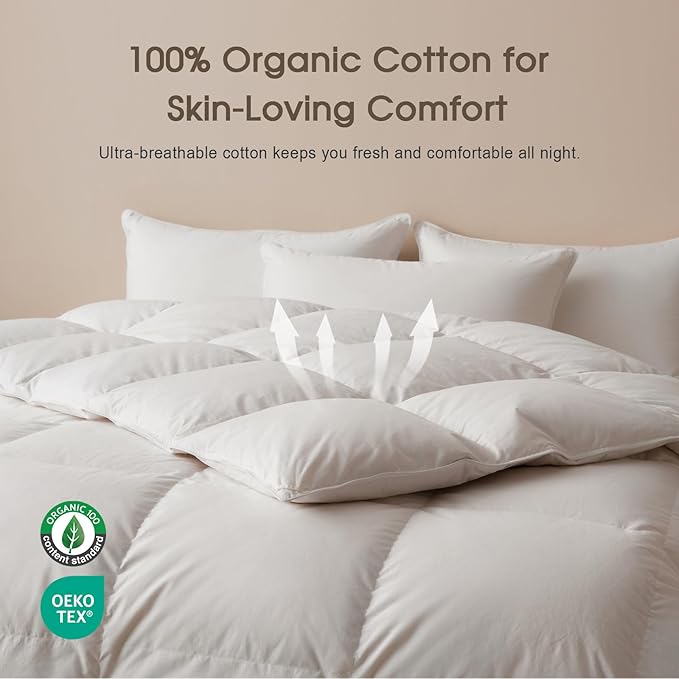 Cobnom® Feather and Down Fibres Comforter Queen Size - 100% Organic Cotton, Quill-Free & Ethical, Luxury All Season Duvet Insert (White, 90x90 Inches)