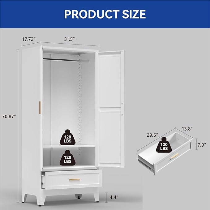 COFaR Metal Wardrobe Closet with Doors, 71'' Tall Farmhouse Bedroom Armoires with Drawer and Hanging Rod, Freestanding Steel Wardrobe Cabinet Coat Closet for Bedroom Home Office, White