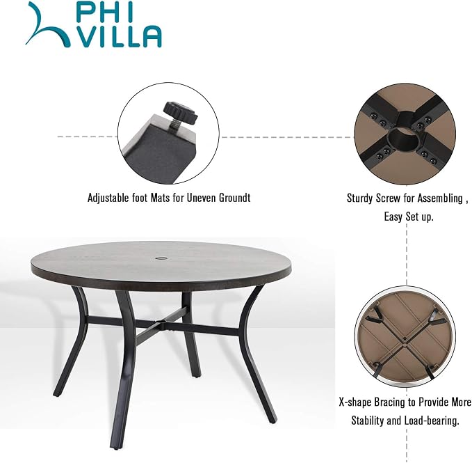 PHI VILLA 44 Inch Large Metal Round Table for 4, Wood-Like Top Patio Table with Umbrella Hole, Large Modern Furniture for Deck, Porch, Yard - Black - Image 8